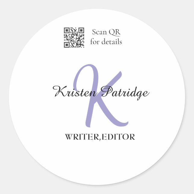 Monogram name purple writer editper QR code busine Classic Round Sticker (Front)