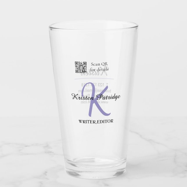 Monogram name purple writer editper QR code busine Glass (Front)