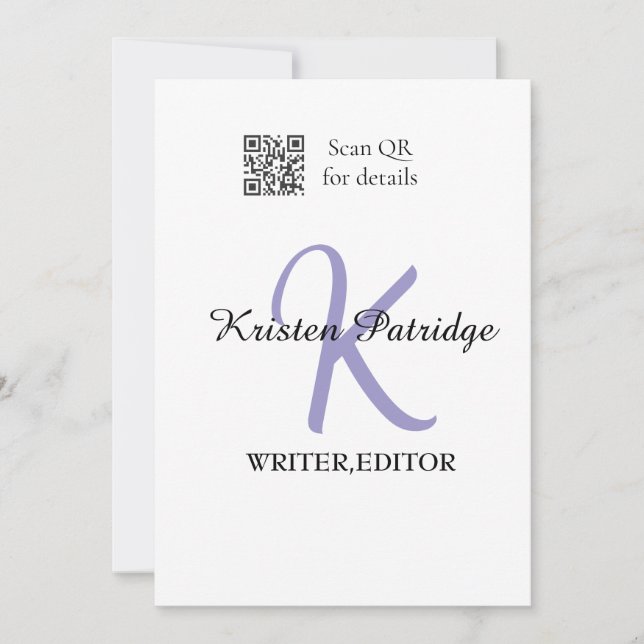 Monogram name purple writer editper QR code busine Invitation (Front)