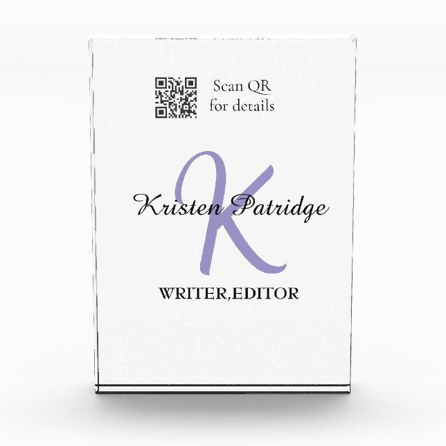 Monogram name purple writer editper QR code busine Photo Block (Front)