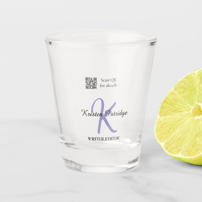 Monogram name purple writer editper QR code busine Shot Glass (Front)
