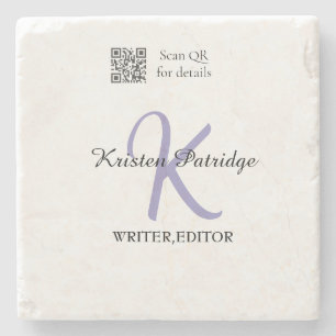 Monogram name purple writer editper QR code busine Stone Coaster