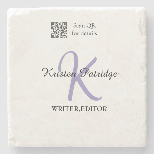 Monogram name purple writer editper QR code busine Stone Coaster (Front)