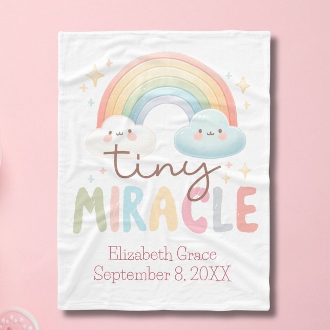 Monogram Name Rainbow Birth Stats Girl Baby Fleece Blanket (Rainbow Tiny Miracle Monogram Name Birth Stats baby girl baby blanket)