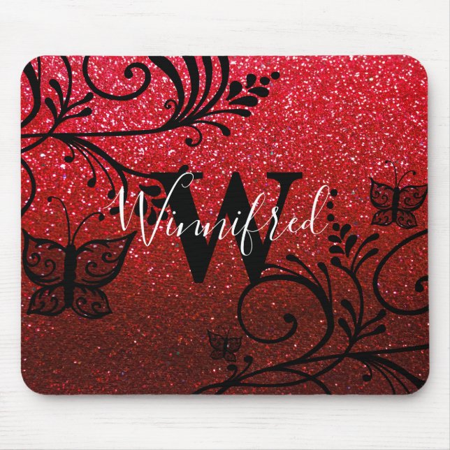 Monogram Name Red Black Ombre Glitter Butterflies Mouse Pad (Front)