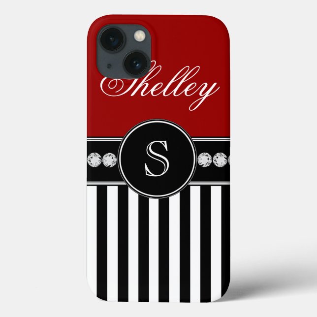Monogram Name Red Black Stripes Pattern Case-Mate iPhone Case (Back)