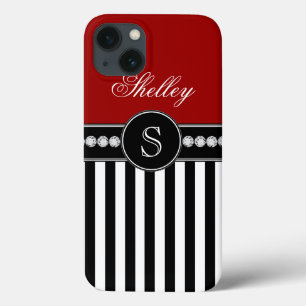 Monogram Name Red Black Stripes Pattern iPhone 13 Case