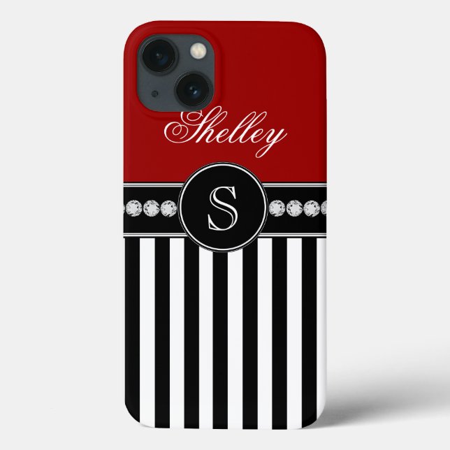 Monogram Name Red Black Stripes Pattern Case-Mate iPhone Case (Back)