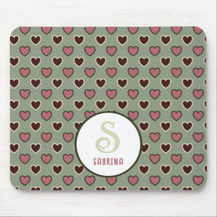 Monogram Name Red & Green Hearts Pattern Mouse Pad