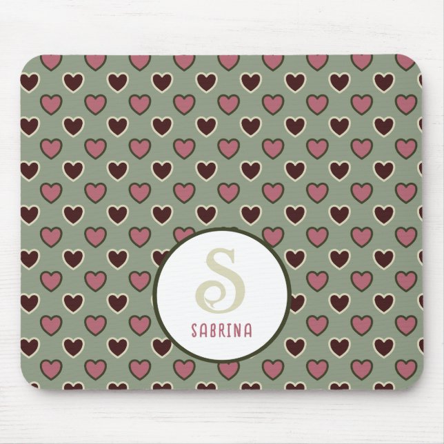 Monogram Name Red & Green Hearts Pattern Mouse Pad (Front)