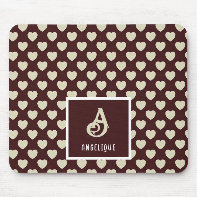 Monogram Name Red & Light Green Hearts Pattern Mouse Pad (Front)