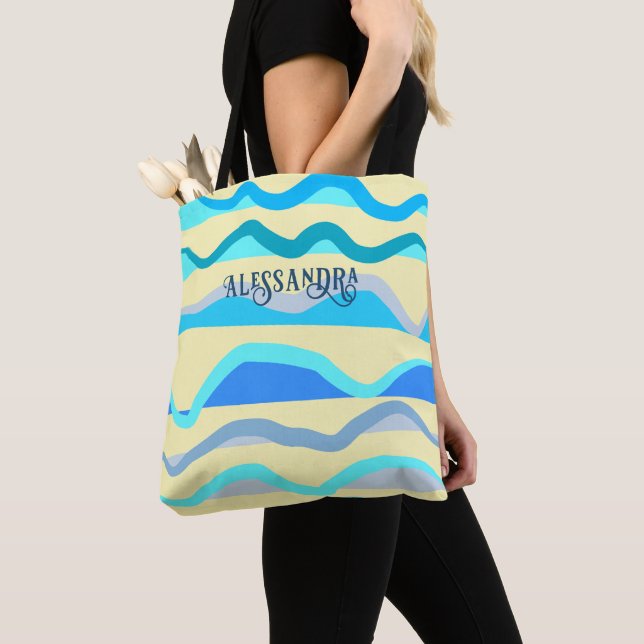 Monogram name retro nautical blue yellow waves  tote bag (Close Up)