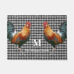Monogram Name Rooster Red Black and White Check Doormat