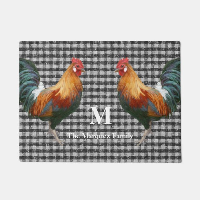 Monogram Name Rooster Red Black and White Check Doormat (Front)