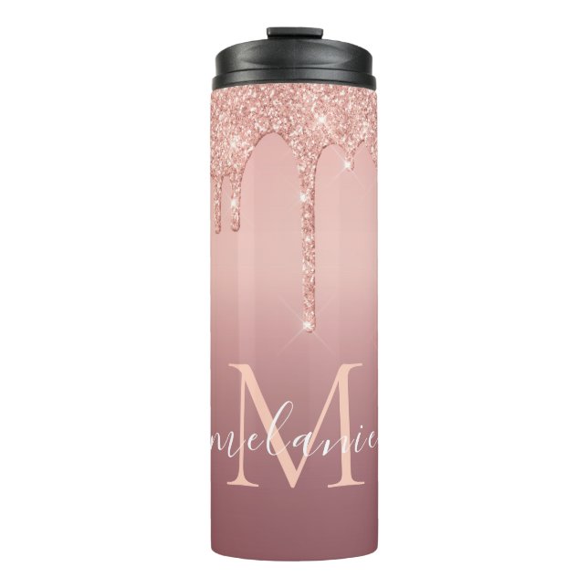 Monogram Name Rose Blush Glitter Thermal Tumbler (Front)