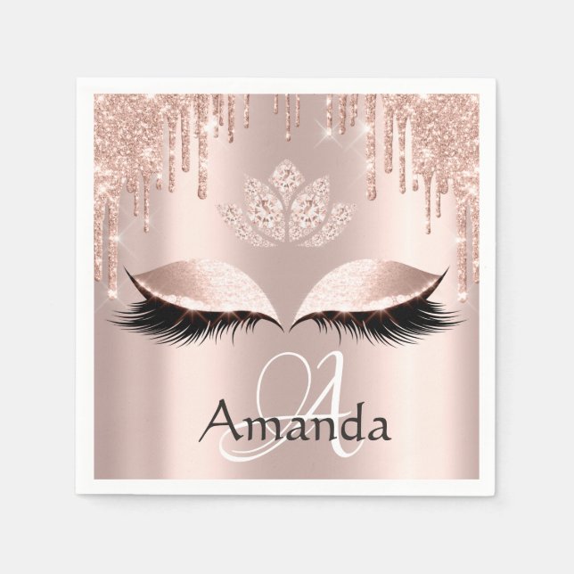 Monogram Name Rose Glitter Drips Spark Diamond Napkin (Front)