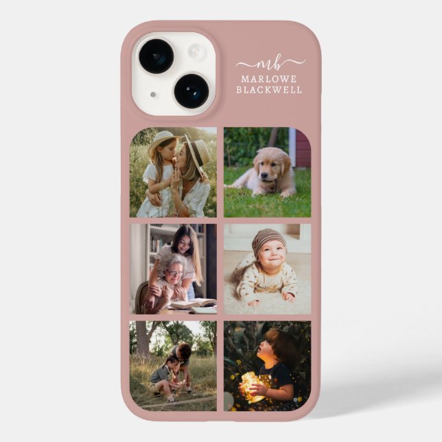 Monogram Name Rose Gold 6 Photo Collage Case-Mate iPhone Case (Back)