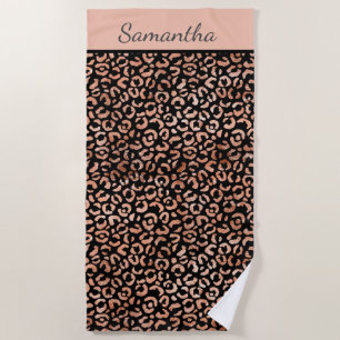 Monogram Name Rose Gold Black Leopard Print Beach Towel
