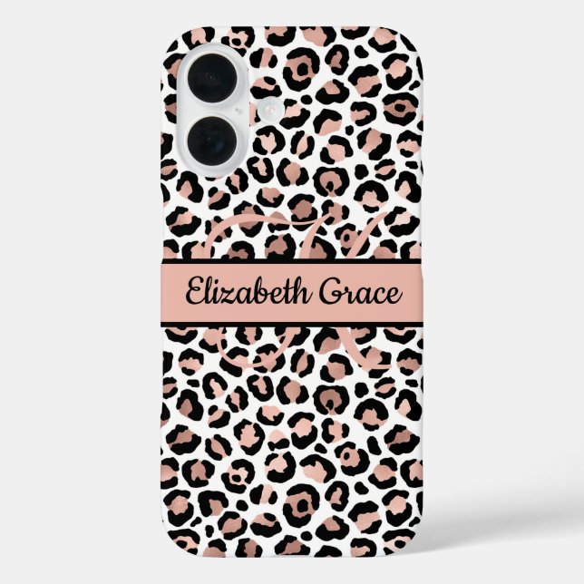 Monogram Name Rose Gold Black Leopard Print Case-Mate iPhone Case (Back)