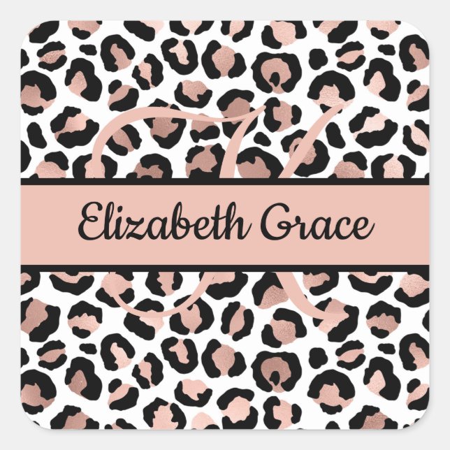 Monogram Name Rose Gold Black Leopard Print Square Sticker (Front)