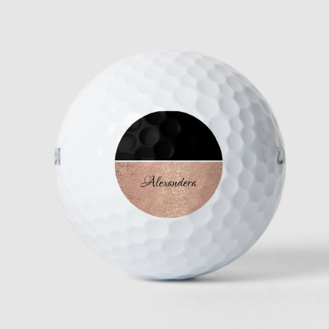 Monogram Name Rose Gold Black White Script Golf Balls (Front)
