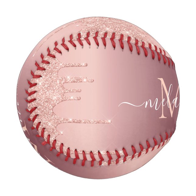 Monogram Name Rose Gold Blush Glitter Baseball (Front Left)