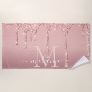 Monogram Name Rose Gold Blush Glitter Beach Towel