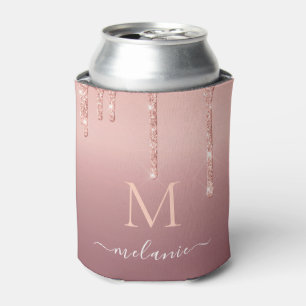 Monogram Name Rose Gold Blush Glitter Can Cooler
