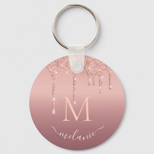 Monogram Name Rose Gold Blush Glitter Keychain (Front)