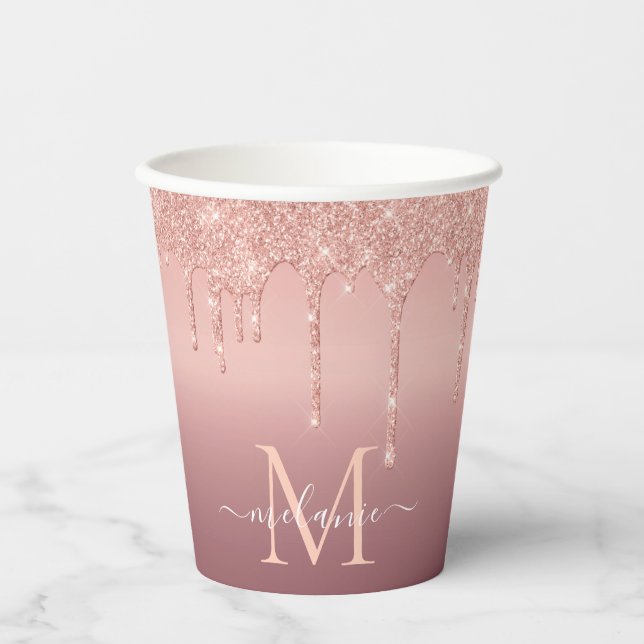Monogram Name Rose Gold Blush Glitter Paper Cups (Front)
