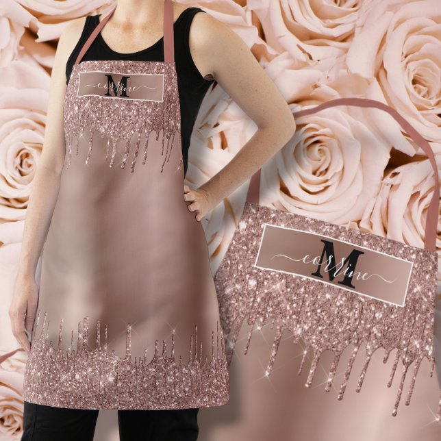 Monogram Name Rose Gold Dripping Metallic Glitter Apron (Creator Uploaded)