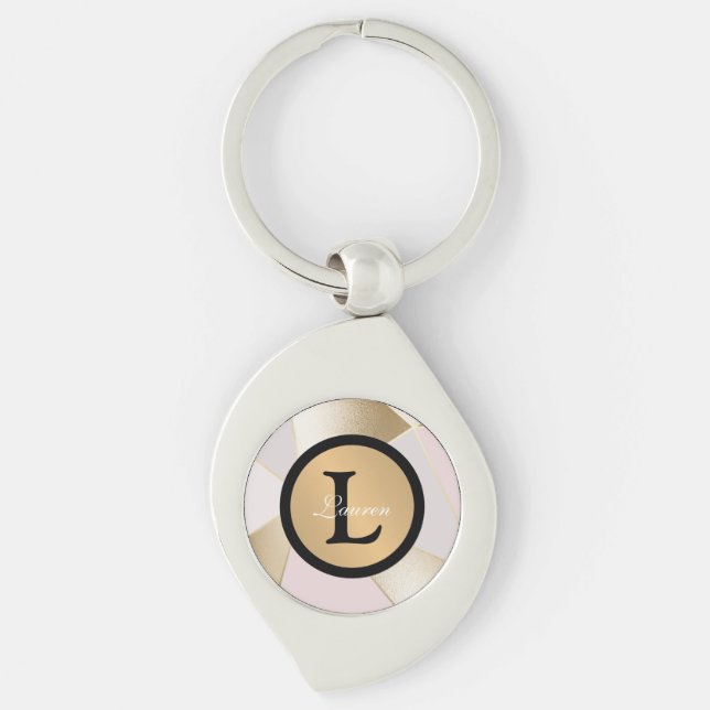 Monogram Name Rose Gold Geometric Key Ring (Front)