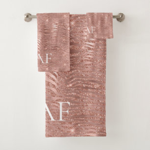 Monogram Name Rose Gold Glitter Animal Print Bath Towel Set