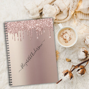 Monogram Name Rose Gold Glitter Drips Trendy Girly Notebook