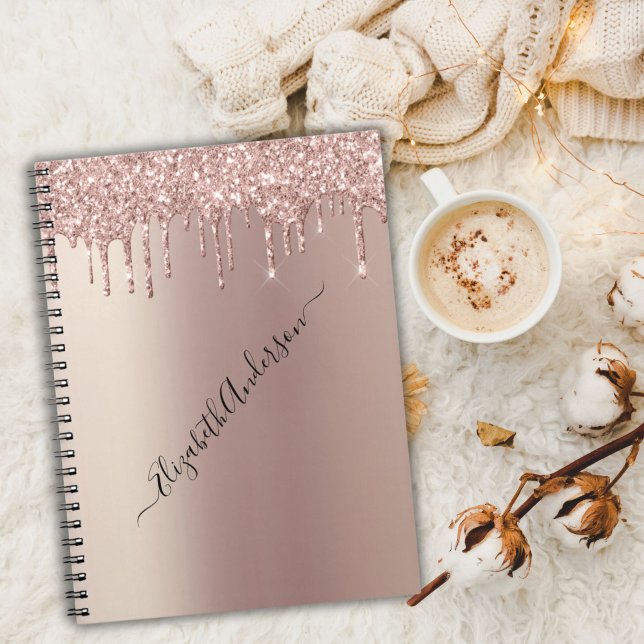 Monogram Name Rose Gold Glitter Drips Trendy Girly Notebook (Rose gold glitter drip monogrammed name notebook.)