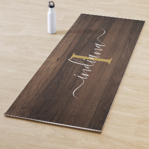Monogram Name Rustic Dark Wood Script Modern Yoga Mat