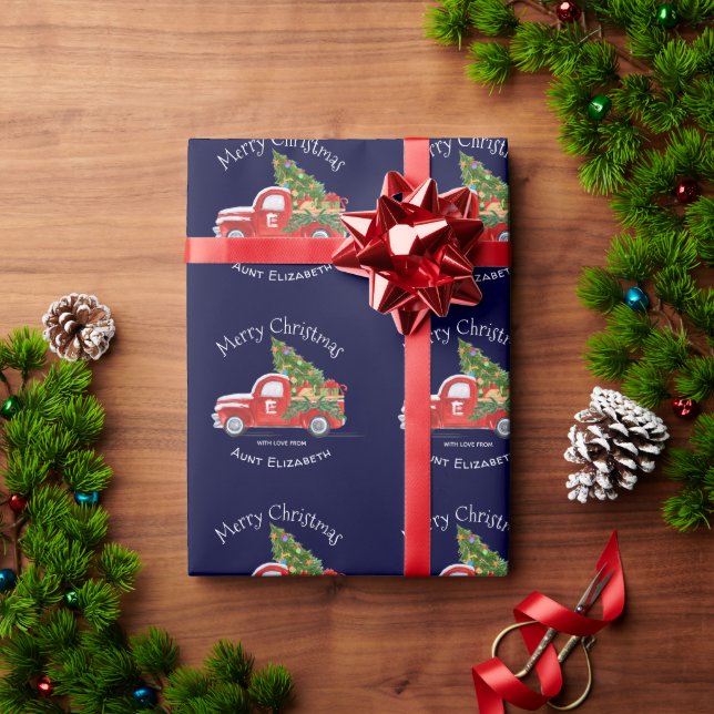 Monogram Name Rustic Red Truck Navy Christmas Wrapping Paper (Holiday Gift)