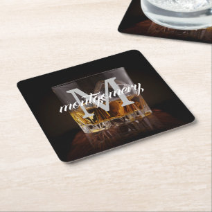 Monogram Name Rustic Whiskey Glass Square Paper Coaster