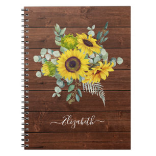 Monogram Name Rustic Wood Sunflower Photo Notebook