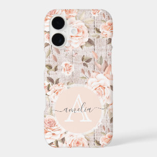 Monogram Name Rustic Wood & Vintage Roses Romantic
