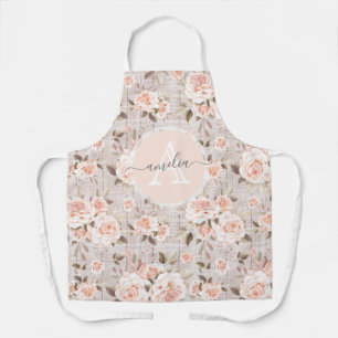 Monogram Name Rustic Wood & Vintage Roses Romantic Apron
