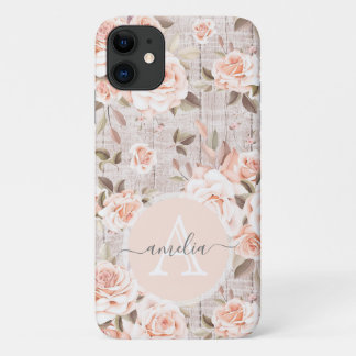 Monogram Name Rustic Wood & Vintage Roses Romantic iPhone 11 Case