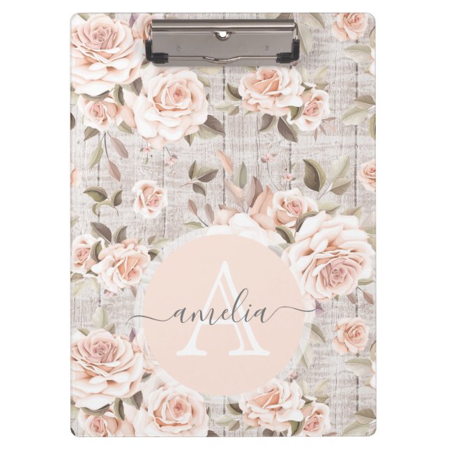 Monogram Name Rustic Wood & Vintage Roses Romantic Clipboard (Front)