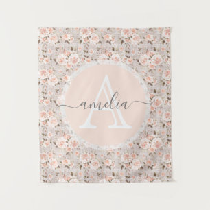 Monogram Name Rustic Wood & Vintage Roses Romantic Tapestry