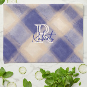 Monogram name script blue navy cream beige plaid tea towel