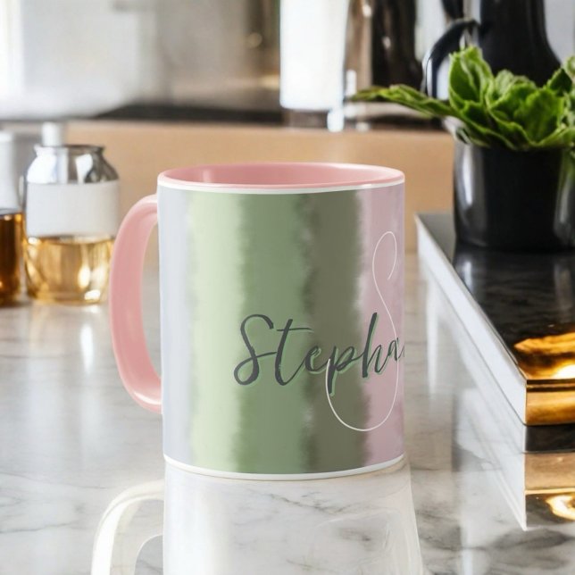 Monogram name script ombre green powder purple  mug (Creator Uploaded)