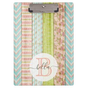 Monogram Name Shabby Roses on Rustic Wood Cottage Clipboard