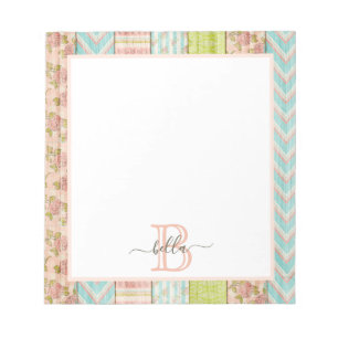 Monogram Name Shabby Roses on Rustic Wood Cottage Notepad