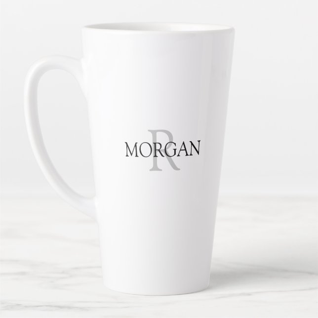 Monogram & Name Simple Design Black & Grey Text Latte Mug (Left)
