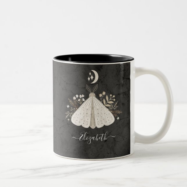 Monogram Name Simple Floral Butterfly Two-Tone Coffee Mug (Right)
